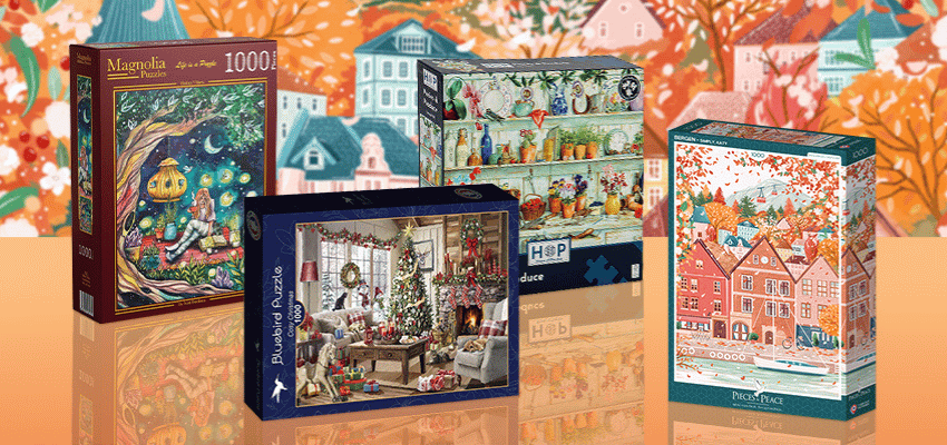 Jigsaw puzzle promo image showing colourful puzzle boxes Purpl disabled discounts members save on family games and gifts