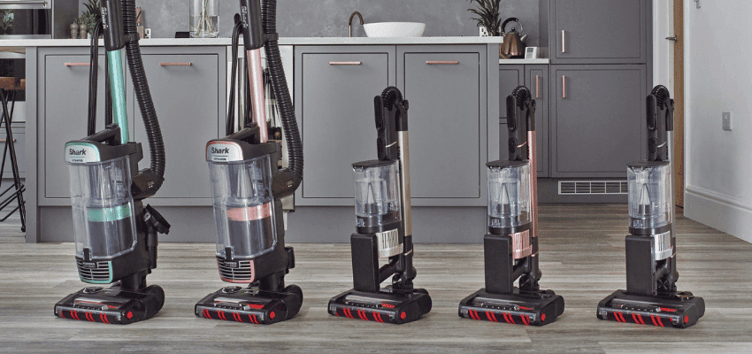 Five Shark UK upright vacuum cleaners in kitchen, Purpl discounts for disabilities and long term health conditions, mobility discounts and offers.