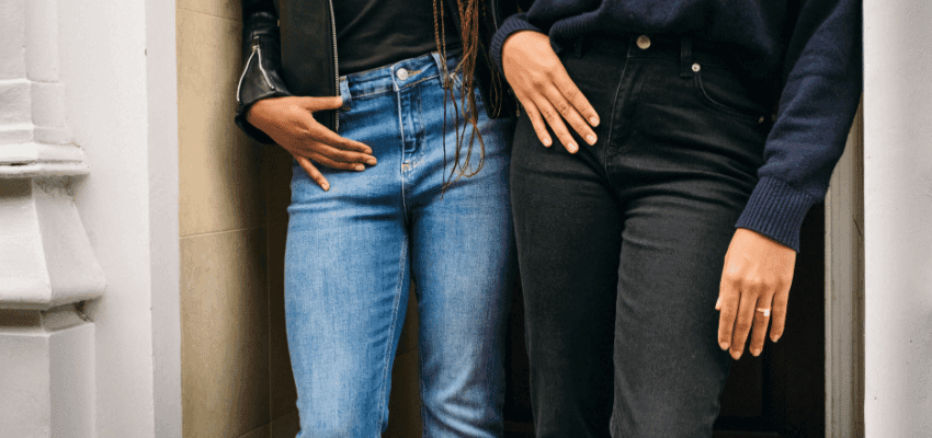 Two people wearing jeans outside a shop, Purpl discounts for disabilities and long term health conditions, shopping discounts for disabled people.