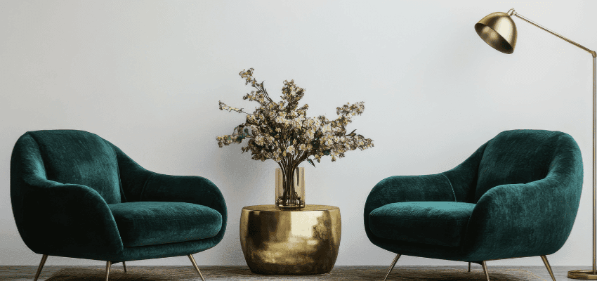 Two teal velvet armchairs and gold table, Hometree Purpl discounts for disabilities and long term health conditions, mobility discounts and offers.