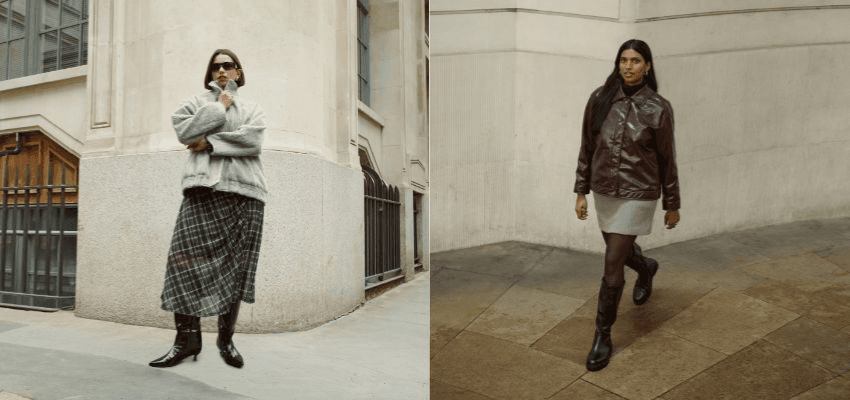 Two women model stylish autumn outfits from Simply Be, one in a grey jacket and skirt with boots, and the other in a burgundy leather jacket and mini dress. Fashion discounts for disabled people with Purpl.