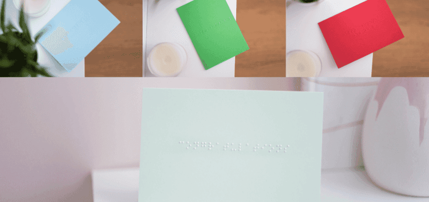 Dotty About Braille greeting cards with raised braille text, accessible stationery designed for blind and visually impaired people using Purpl disability discounts