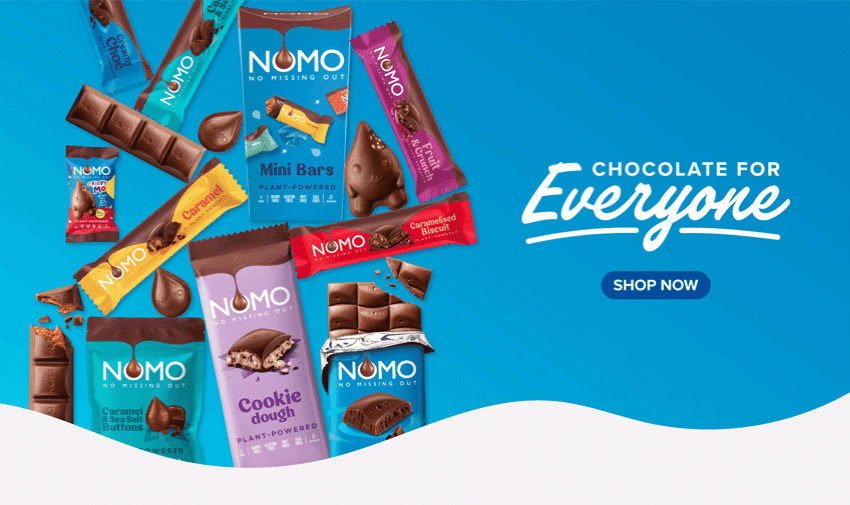 Assorted NOMO chocolate bars on blue background, Purpl discounts for disabilities and long term health conditions, shopping discounts for disabled people.