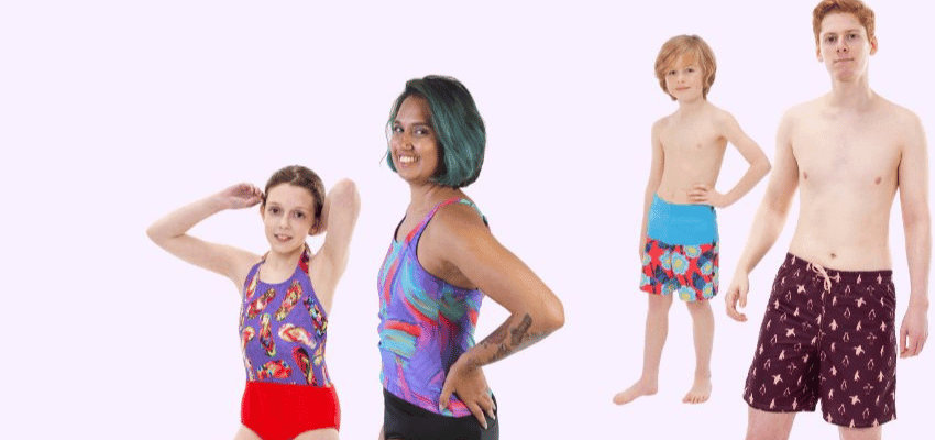Four people modelling swimwear, Incy Wincy Purpl discounts for disabilities and long term health conditions, shopping discounts for disabled people.