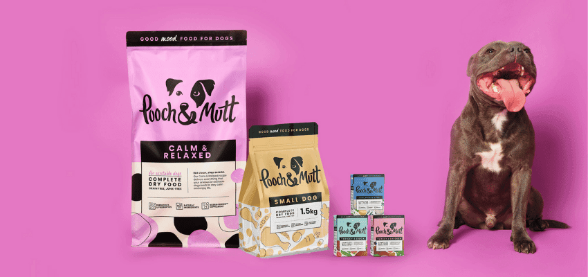 Happy Staffy dog with Pooch & Mutt Calm & Relaxed dry food and small dog products – natural, grain-free nutrition for pets.