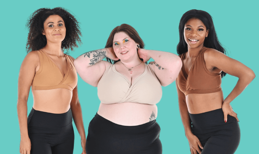 Three diverse women modelling comfortable Molke bralettes in neutral tones, celebrating body positivity and inclusive underwear for disabled and plus-size shoppers.
