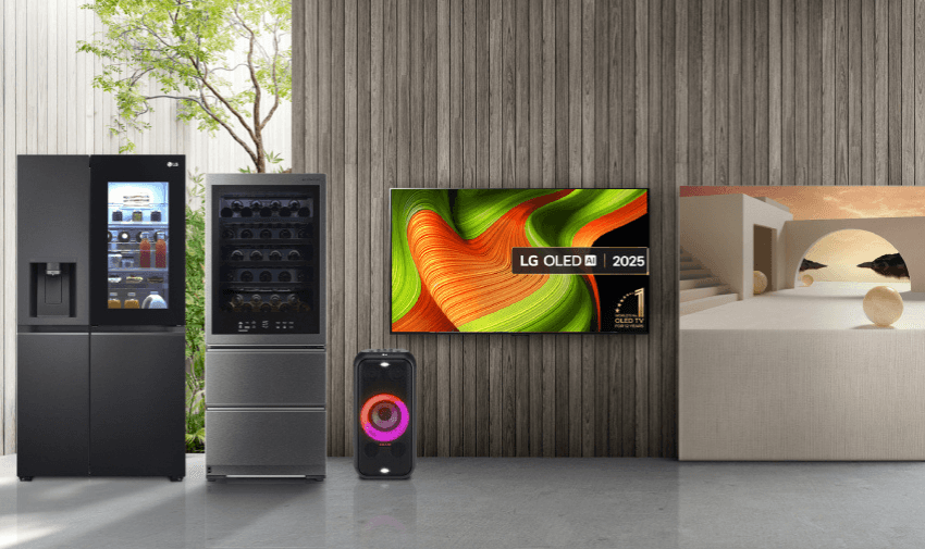 Modern LG living space featuring OLED AI TV, smart fridge, wine cooler and speaker—tech upgrades perfect for disabled people looking for lifestyle discounts on home electronics.