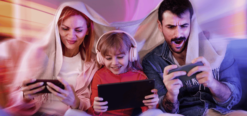 Family gaming on tablet and phones with SKY Purpl discounts for disabilities and long term health conditions, mobility discounts and offers.