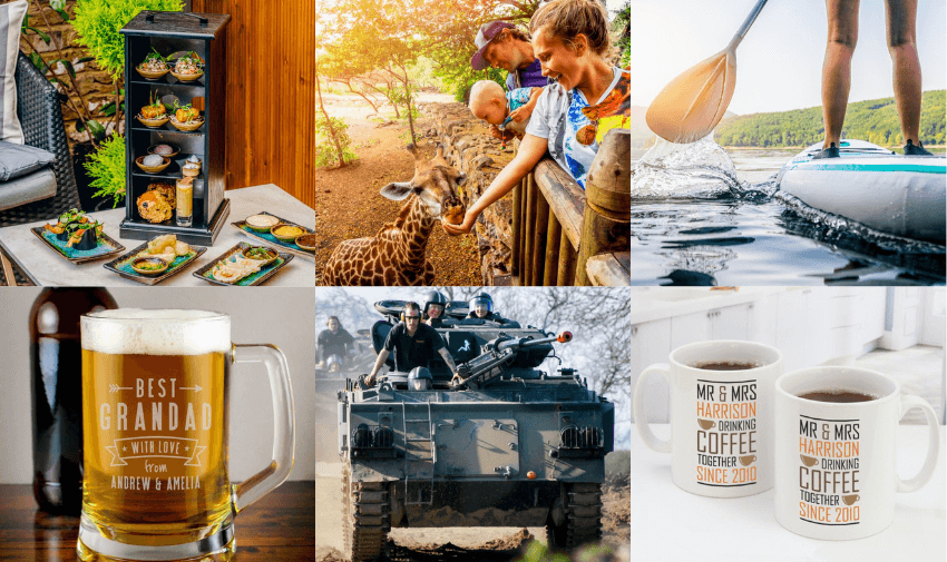 Grid of six personalised and experience-based gifts including afternoon tea on a patio, zoo giraffe feeding, paddleboarding, engraved beer mug, military tank driving, and custom couple mugs, highlighting accessible Father’s Day gifts and experience discounts for disabled people in the UK.