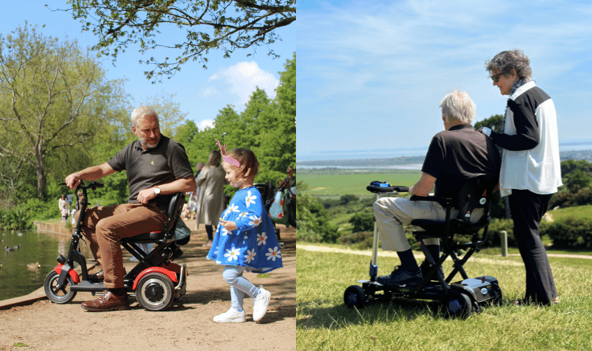 Two people using mobility scooters outdoors, Betty & Bertie, Purpl discounts for disabilities and long term health conditions, mobility discounts and offers.