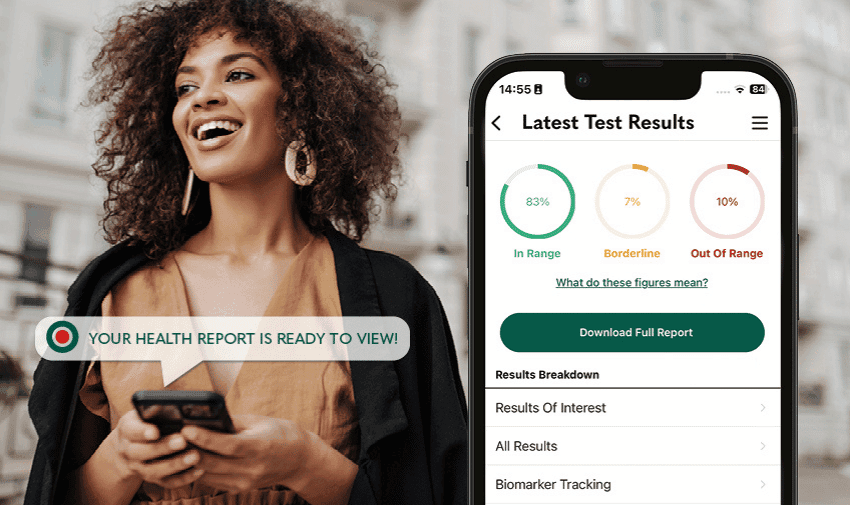 Woman checking health results on phone, Randox Health Purpl discounts for disabilities and long term health conditions, mobility discounts and offers.