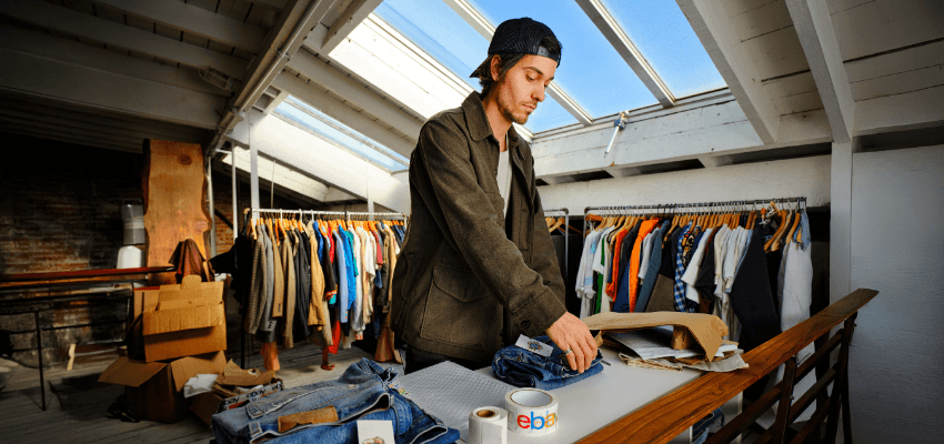 Man packaging clothes in a small shop with ebay mug promoting exclusive disabled discounts on fashion deals in the UK