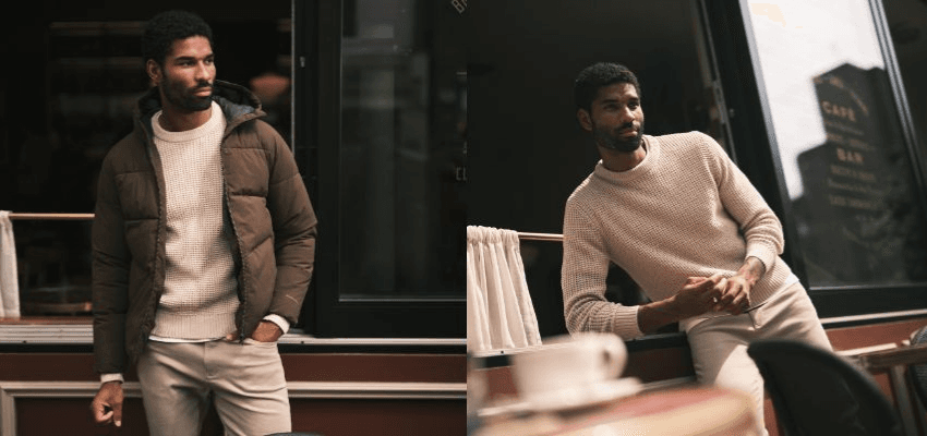 A man models casual winter looks from Jacamo, including a beige knit jumper and a brown puffer jacket. Clothing and menswear discounts for disabled people with Purpl.