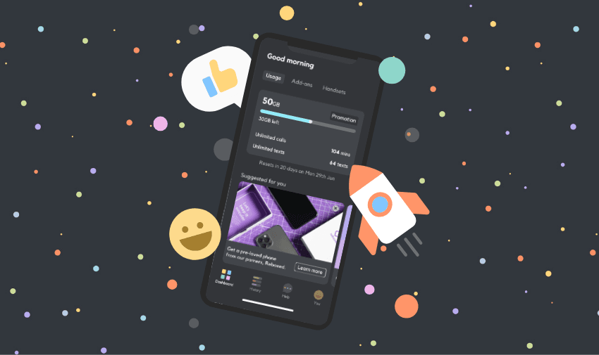 SMARTY phone app screen with floating icons, Purpl discounts for disabilities and long term health conditions, disabled travel discounts UK.