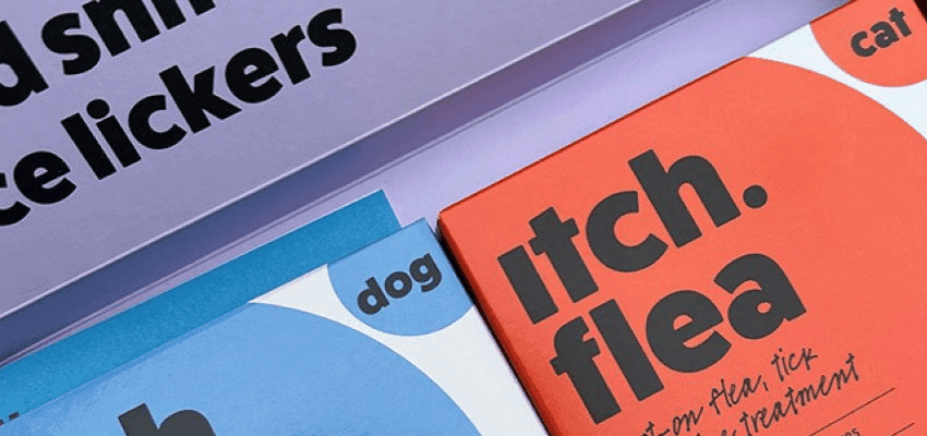 Close up of colourful Itch flea treatment boxes for dogs and cats on a pastel background, showing the brand’s packaging style and supporting shoppers with disabilities and long term health conditions looking for savings through Purpl discounts.