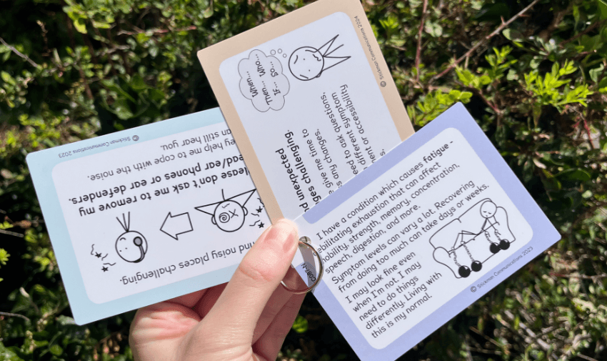 Hand holding Stickman Communications info cards, Purpl discounts for disabilities and long term health conditions, mobility discounts and offers.