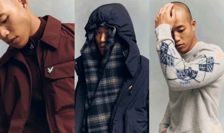 Three men modelling winterwear, Lyle & Scott Purpl discounts for disabilities and long term health conditions, shopping discounts for disabled people.