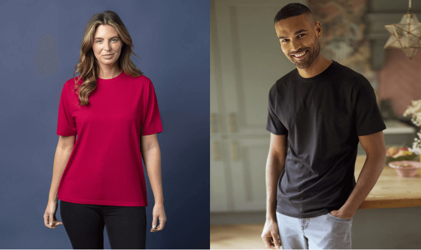 Two models wearing Spairs bamboo T-shirts, one in red and one in black, showcasing sustainable fashion for men and women with eco-friendly clothing and everyday comfort.
