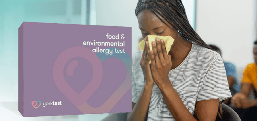Woman blowing nose beside YorkTest allergy kit, Purpl discounts for disabilities and long term health conditions, mobility discounts and offers.