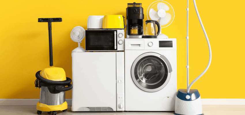 Home appliances grouped on yellow background, Hometree Purpl discounts for disabilities and long term health conditions, mobility discounts and offers.