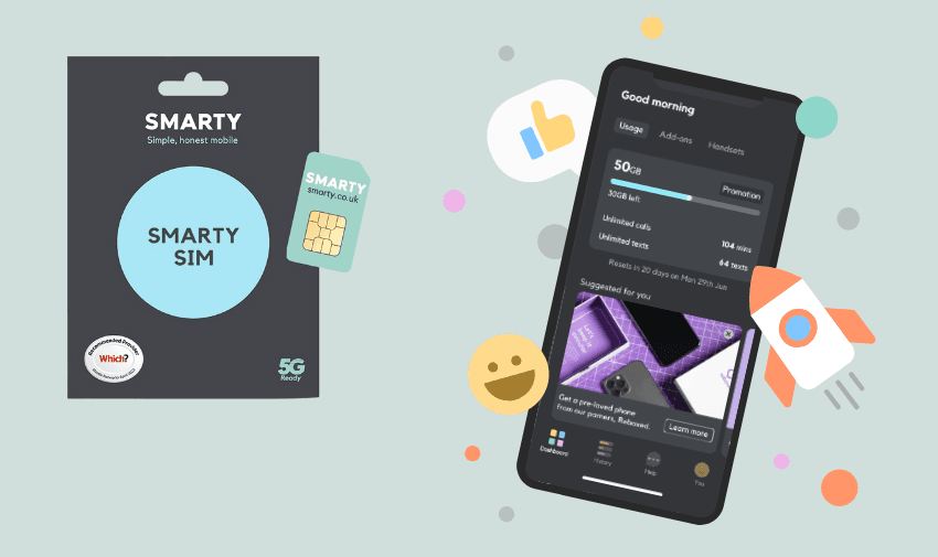 SMARTY SIM pack and mobile app screen, SMARTY Purpl discounts for disabilities and long term health conditions, mobility discounts and offers.