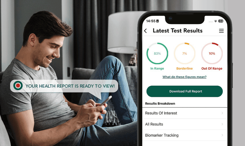 Man viewing health test results on phone, Randox Health; Purpl discounts for disabilities and long term health conditions, mobility discounts and offers.