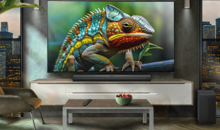 Colourful chameleon on LG Electronics TV screen, Purpl discounts for disabilities and long term health conditions, mobility discounts and offers.