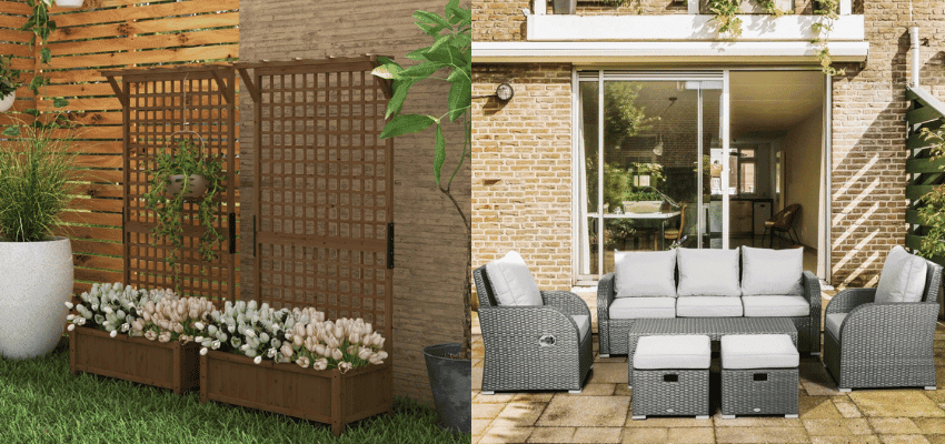 Garden furniture and planters in patio scene, Aosom Purpl discounts for disabilities and long term health conditions, mobility discounts and offers.