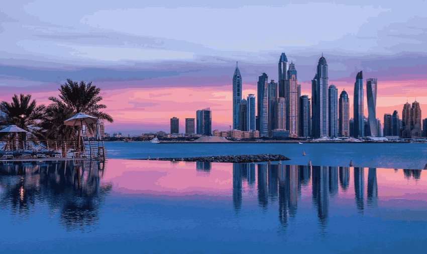 Dubai skyline at sunset, Radisson Hotels Purpl discounts for disabilities and long term health conditions, disabled travel discounts UK.