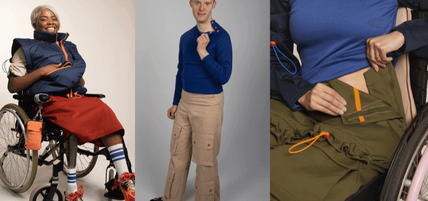 A smiling person in a wheelchair wearing a puffy vest, red skirt, and sneakers. Another person stands, holding a collar button, wearing a blue top and khaki pants. Close-up of hands adjusting an orange toggle on olive pants.