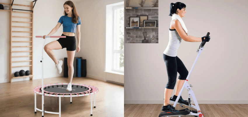 Woman using trampoline and stepper at home, Aosom Purpl discounts for disabilities and long term health conditions, mobility discounts and offers.