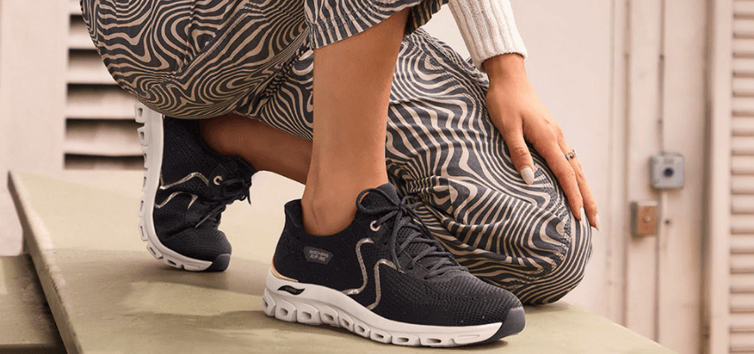 Woman tying Skechers trainers on steps, Purpl discounts for disabilities and long term health conditions, mobility discounts and offers.