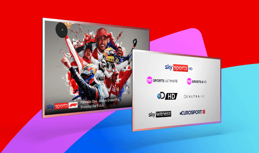 Sky Sports Formula One TV screen with vibrant racing scene including Lewis Hamilton and F1 drivers, announcing live British Grand Prix on 9 July, alongside a second display of sports channels like Eurosport, TNT Sports and Sky Witness, highlighting accessible sports packages and inclusive viewing offers for disabled people across the UK with Virgin Media