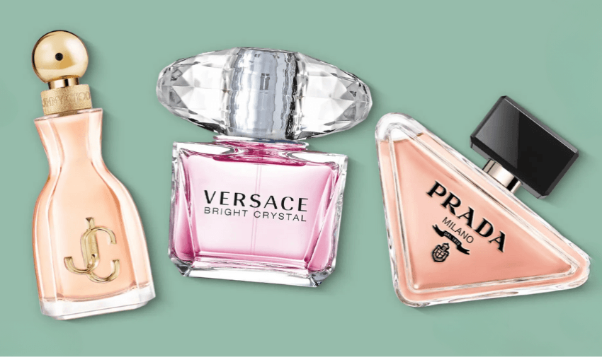 Three elegant perfume bottles on a teal background: Jimmy Choo with a gold cap, Versace Bright Crystal in a faceted pink and clear glass design, and Prada Milano in a soft peach triangle bottle, showcasing premium fragrances eligible for shopping discounts for disabled people.