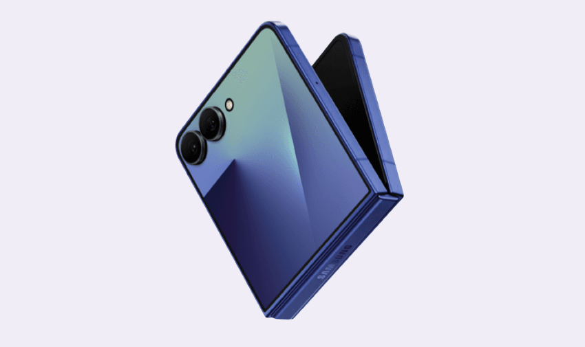 Samsung Galaxy Z Flip 7 in blue, half-folded with dual rear cameras visible. Stylish foldable phone with sleek mirrored finish.