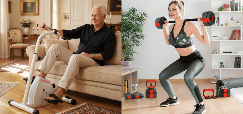 Man on exercise bike and woman squatting with weights, Aosom Purpl discounts for disabilities and long term health conditions, mobility discounts and offers.