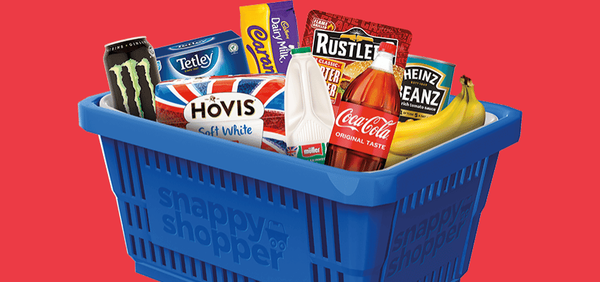 Blue grocery basket with snacks, Snappy Shopper, Purpl discounts for disabilities and long term health conditions, mobility discounts and offers.