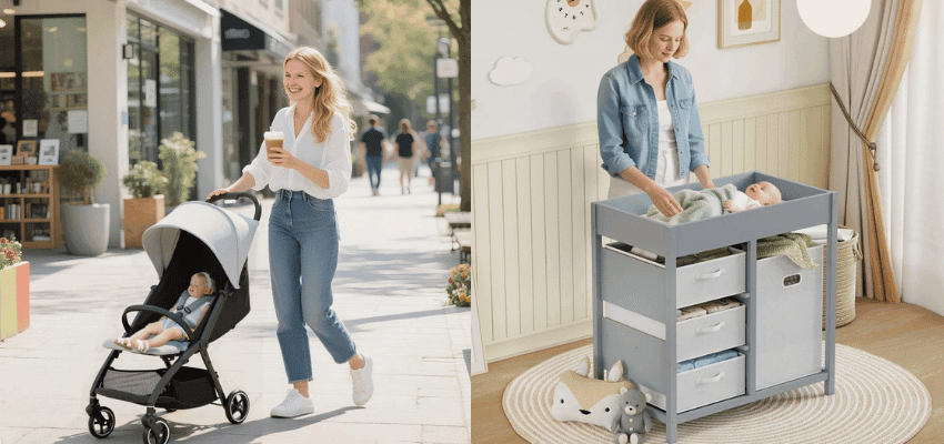 Mum pushes pram and changes baby, Aosom Purpl discounts for disabilities and long term health conditions, mobility discounts and offers.