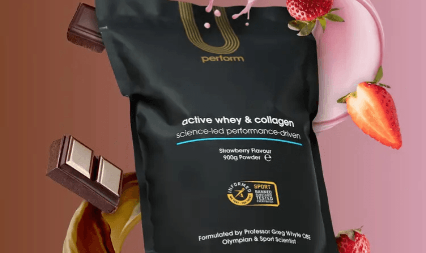 U-Perform Active Whey & Collagen supplement in a strawberry flavour, highlighting its science-led formulation with sports-approved ingredients.