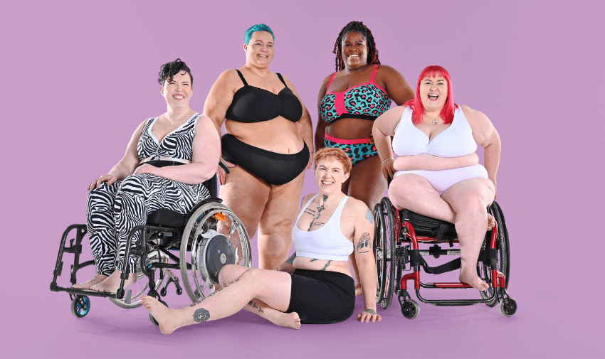 Five diverse women, including wheelchair users, modelling colourful and neutral underwear sets, showcasing inclusive fashion and adaptive lingerie for disabled people.