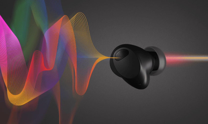 Black LG earbuds surrounded by rainbow audio waves, designed for premium sound and ease of use—ideal for mobility and hearing-friendly tech savings.
