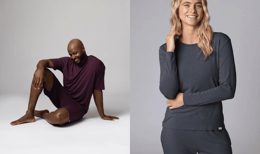 Man and woman smiling in Lazy Panda bamboo loungewear sets, showcasing soft, breathable sustainable clothing ideal for comfort and eco-conscious mobility discounts in the UK.