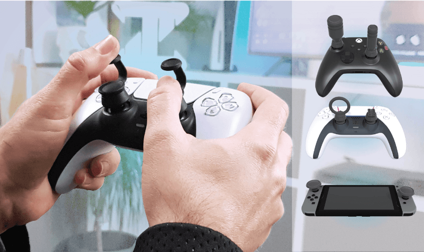 Gaming controller with thumb stick extensions for disabled gamers – accessibility devices improving comfort and precision on PS5, Xbox and Switch.