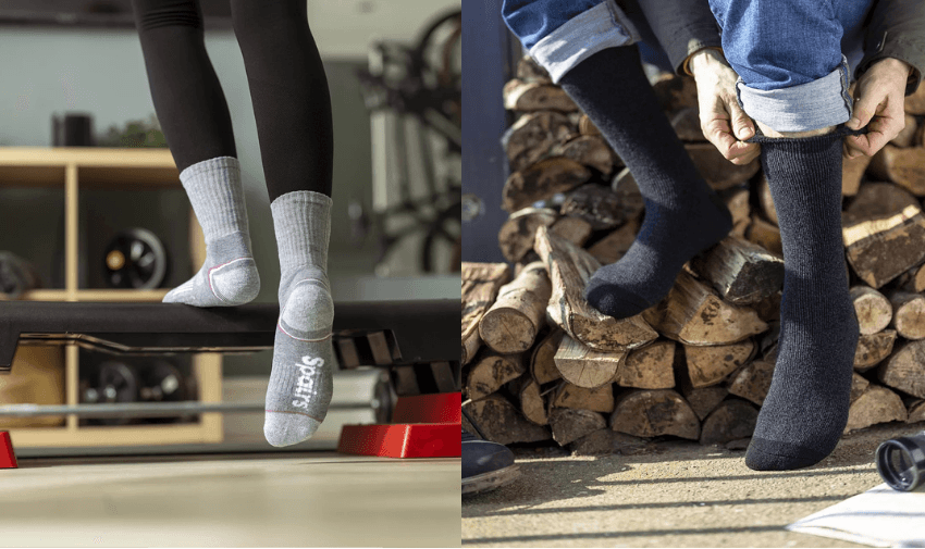 Grey sports socks worn at the gym and thermal black socks for outdoor warmth – Mobility Discounts and Offers UK.