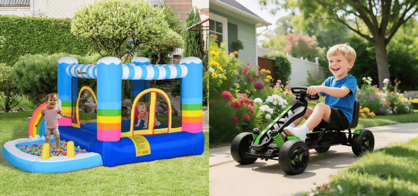 Kids playing on inflatable bouncy castle and go-kart, Aosom Purpl discounts for disabilities and long term health conditions, mobility discounts and offers.