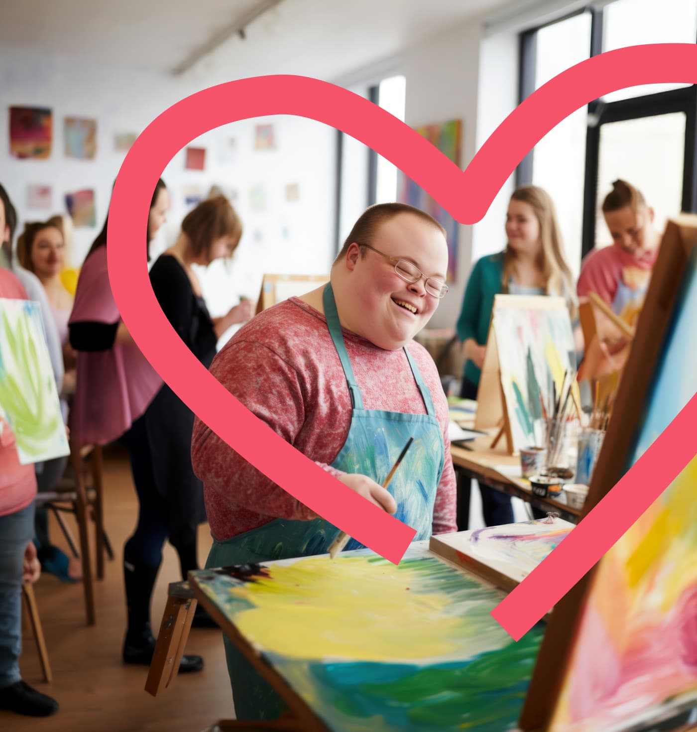 A young smiling man with Down syndrome in an art workshop with a group of students.