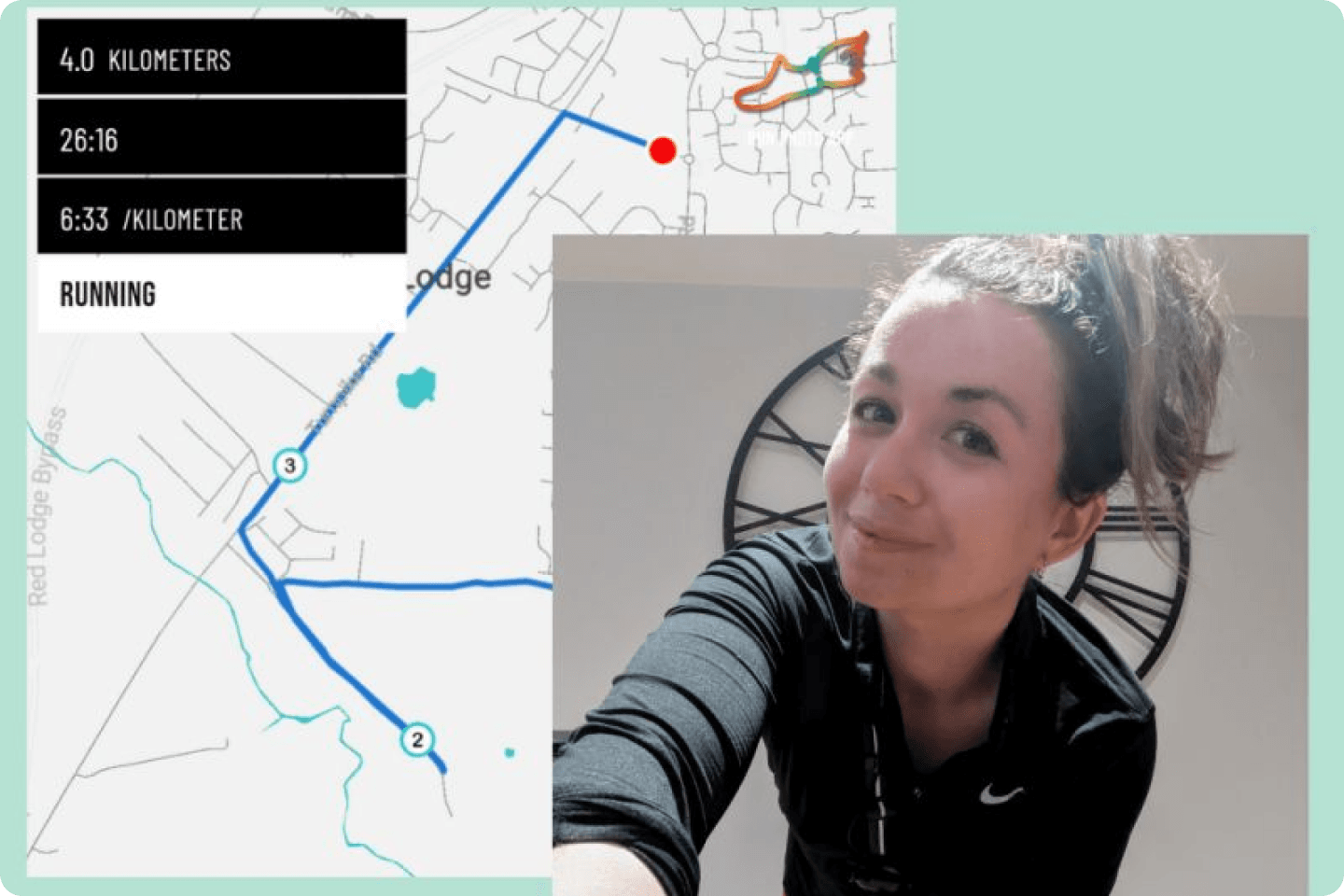 A woman with a ponytail and wearing a black shirt smiles at the camera. She is in front of a large wall clock. On the left, there is a map and details of her running activity: 4 kilometers in 26:16 minutes, averaging 6:33 per kilometers.