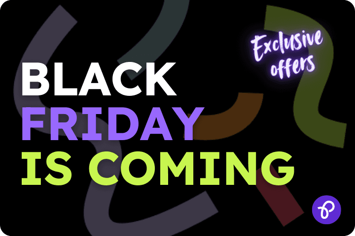 Black Friday is coming" written in bold black, purple, and lime-green text on a dark background with colourful curved shapes and the words "Exclusive offers" in a glowing purple bubble.