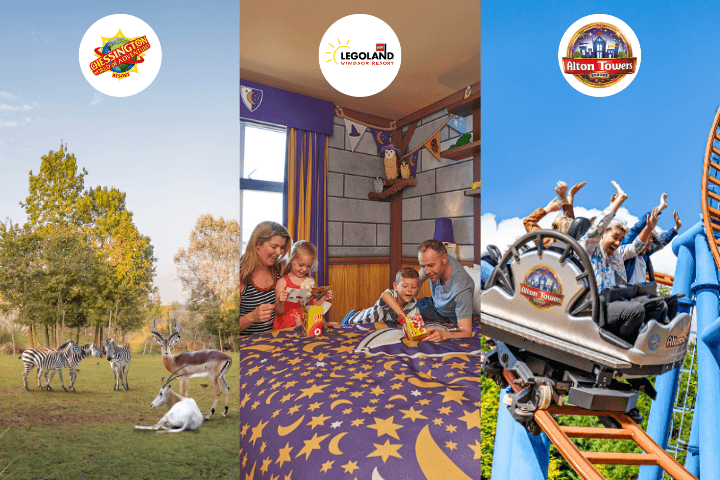 A promotional collage showcasing Chessington World of Adventures with zebras in a wildlife setting, LEGOLAND Windsor Resort with a family in a wizard-themed hotel room, and Alton Towers with riders on a thrilling roller coaster. Theme Park Discounts for Disabled
