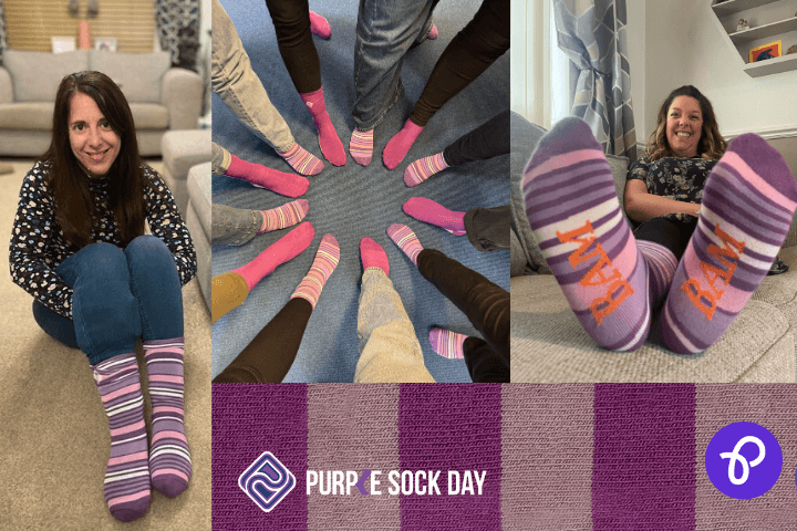 Montage of three images, first is Georgina, founder of Purpl Discounts sat on the floor wearing jeans and purple stripy socks smiling, the second is a close up of lots of feet wearing Purple Sock Day socks in a circle and third is a woman sat on the sofa, the focus is on her feet and the purple socks for IDDP text reads Purple Sock Day and the purpl disabled discount site logo